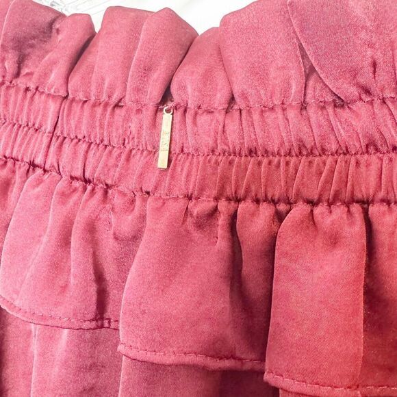 MISA Los Angeles Saskayi Off Shoulder Long Sleeve Tiered Ruffle Burgundy Blouse - Picture 8 of 11